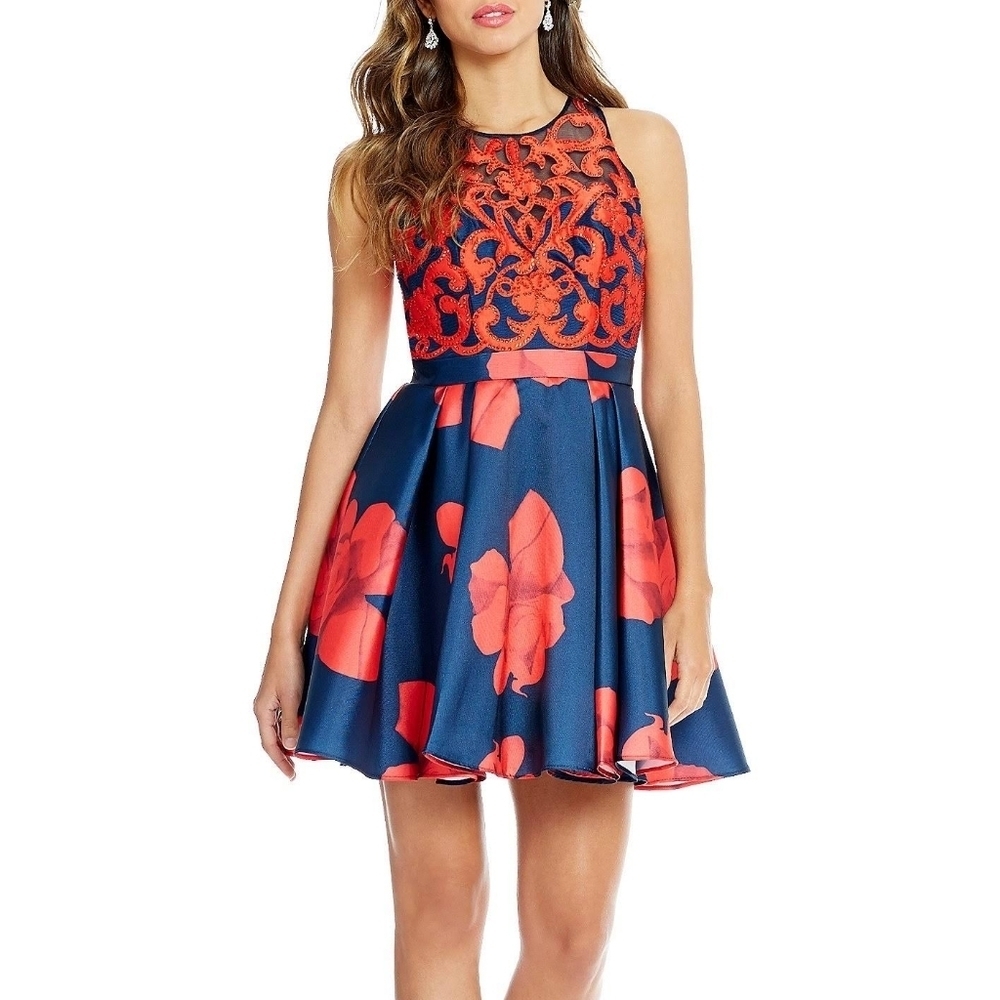Terani Couture Embellished Floral Swing Mini Dress